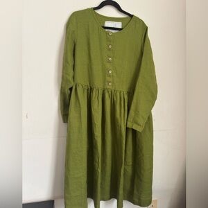 New moss green not perfect linen Button-Up Long Sleeve Dress